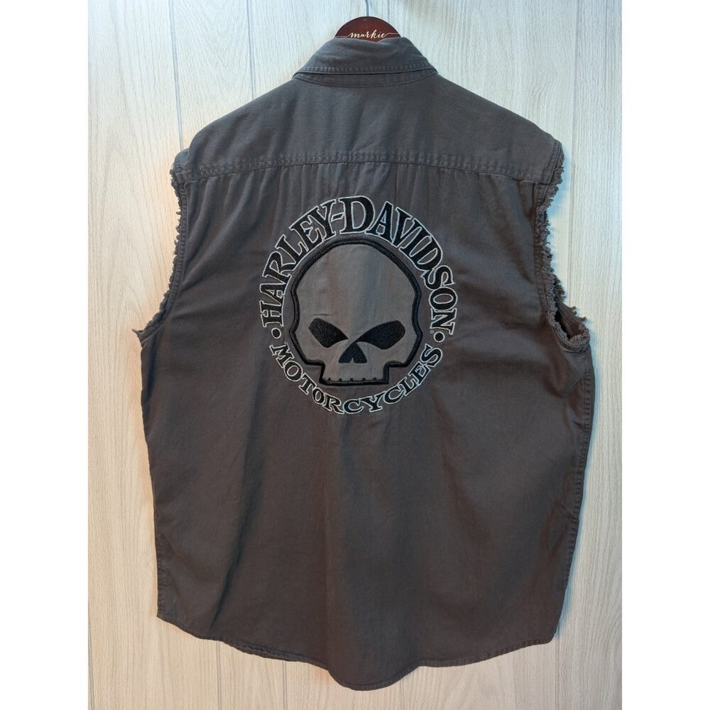 Harley Davidson Work Shirt XL Black Sleeveless Vest Skull Eagle Embroidered - Picture 4 of 8